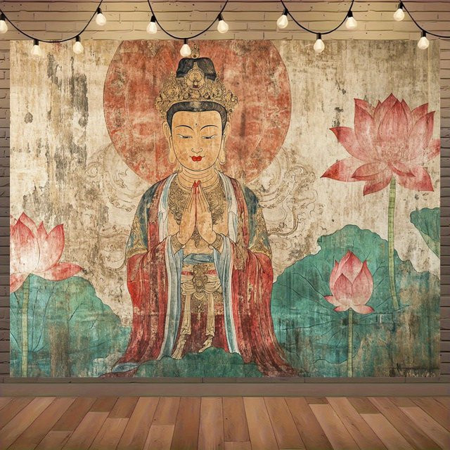 VIKAMA Silent Buddha Lotus Wanddekoration, Textil-Wandteppich in Multicolour mit orientalischem und floralem Design - Bild 1