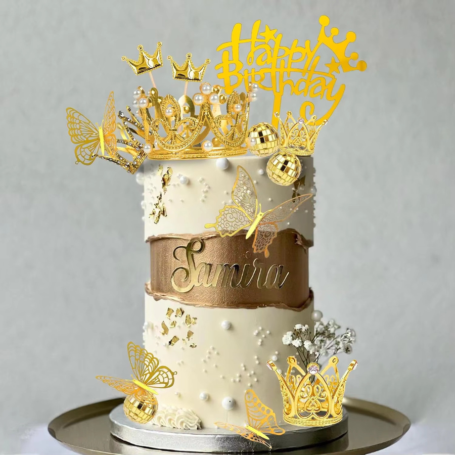 37-teiliges Set goldene Kuchenaufsätze mit Kronen, Schmetterlingen und Discokugeln zur Dekoration für Hochzeit, Geburtstag und Party - Bild 2