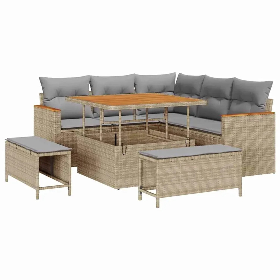 vidaXL 8-teiliges Garten-Sofa-Set aus Poly Rattan und Akazie mit Kissen in Beige und Hellgrau - Bild 2