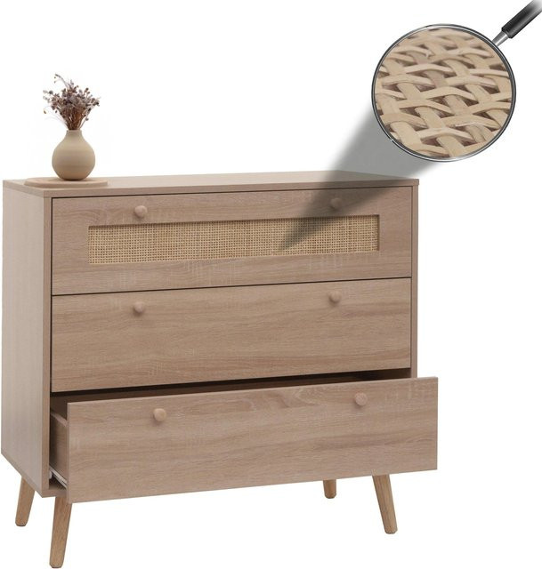 Schubladenkommode MCW M39 in Eiche-Optik mit Rattan-Design, Braun, B/H/T: 78 x 78 x 39 cm - Bild 1