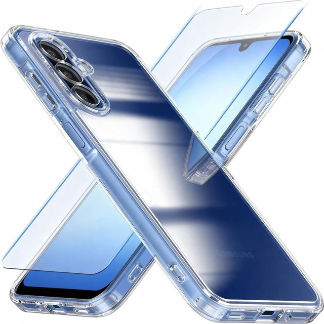 Hybrid Schutzhülle für Samsung Galaxy A17 und A16 mit 2 Stück Displayschutzfolie aus gehärtetem Glas, transparent, stoßfest mit weichem TPU-Stoßfänger - Bild 1