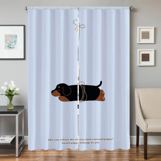 2er-Set Fensterküchenvorhänge mit Dackel-Motiv in Blau, halbtransparente Verdunkelungsvorhänge für Wohnzimmer und Schlafzimmer, Breite: 50 cm, Höhe: 70 cm - Bild 1