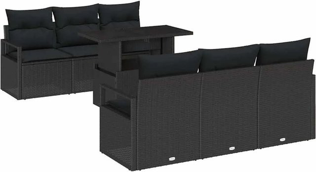 7-tlg. vidaXL Gartensofa-Set aus Poly-Rattan in Schwarz mit Polstern und integriertem Stauraum - Bild 1
