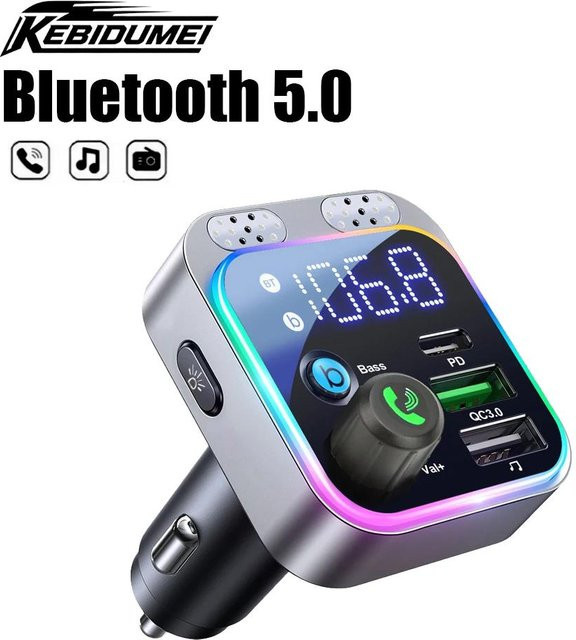 YJMP Auto Parts HM132 Bluetooth FM Transmitter mit Digitalanzeige und Bass Sound für FM/AUX Autoladegerät in Grau - Bild 1