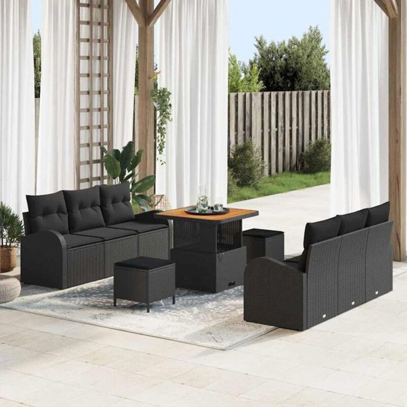 Vidaxl Polyrattan Garten-Sofa-Set mit Kissen und Hocker in Schwarz, 9-teiliges modulares Loungemöbel-Set, B/T/H: 80 x 80 x 71 cm - Bild 1