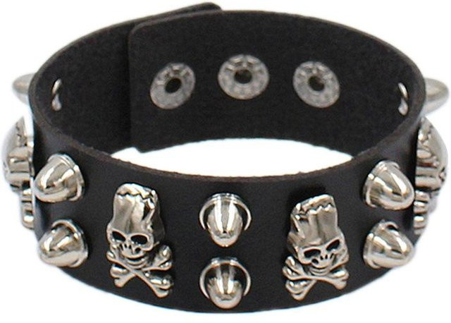 Armband Totenkopf, PU Leder, Messing, Schwarz, Unisex - Bild 1