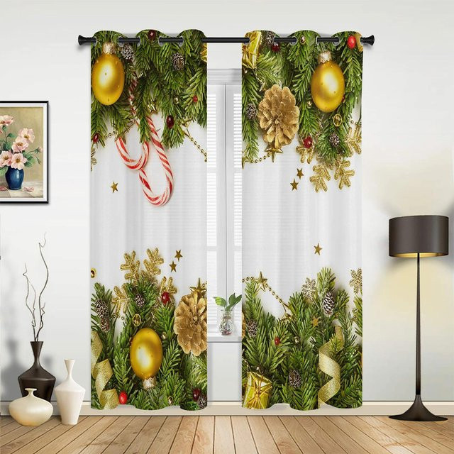 Weihnachtsbaum und Kamin Motiv Vorhang für Wohnzimmer und Schlafzimmer, halbtransparent, Mehrfarbig, Breite: 135 cm, Höhe: 60 cm - Bild 1