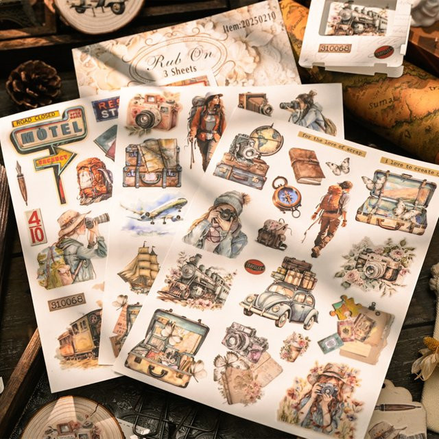Hobbisland Vintage Rub-On Transferaufkleber Girl Journey Travel Vlog für Scrapbooking und Junk Journal, Multicolour - Bild 1