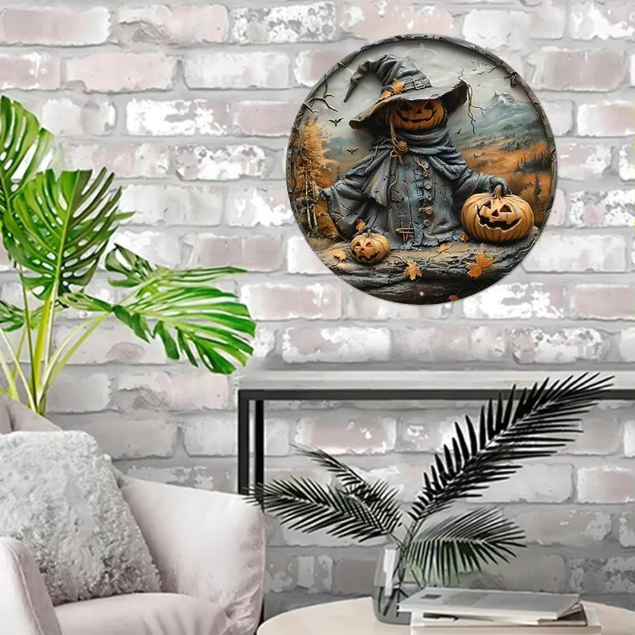 CIFBUY Vintage Halloween Wandskulptur aus Metall mit Kürbis und Vogelscheuche, runde Aluminium-Plakette, Mehrfarbig, Durchmesser: 20,32 cm - Bild 3