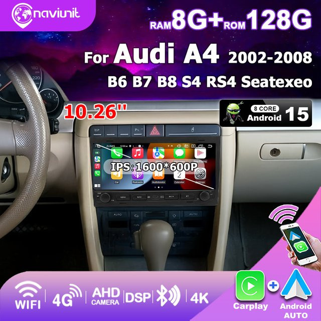 Naviunit Android 15 Autoradio mit 10,26 Zoll Bildschirm, Wireless Carplay, Bluetooth und Navigation für Audi A4 B6 S4 B7 RS4 sowie Seat Exeo (2002-2008), Schwarz - Bild 1
