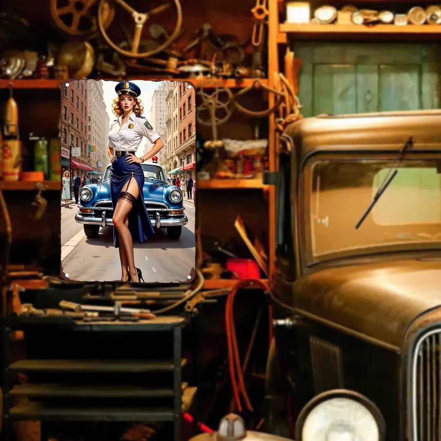 HELLOYOUNG Vintage Metall-Blechschild Wanddekoration mit Blondine in Polizeiuniform und klassischem Auto, Mehrfarbig, Rechteckig - Bild 4