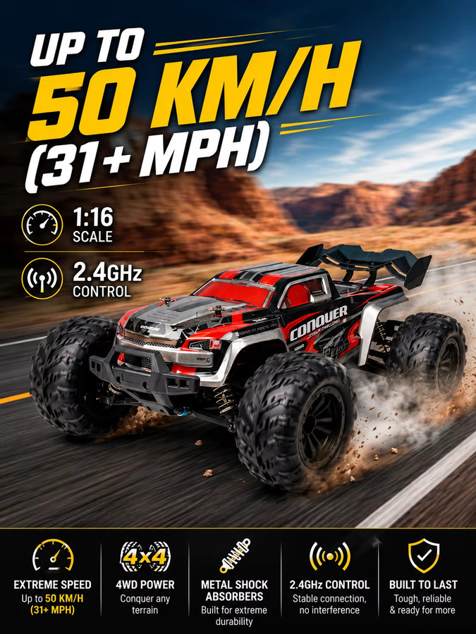 SZWDSE 4X4 RC Monster Truck, 1/16 Maßstab, Metallantrieb, mit LEDs, RTR - Bild 7