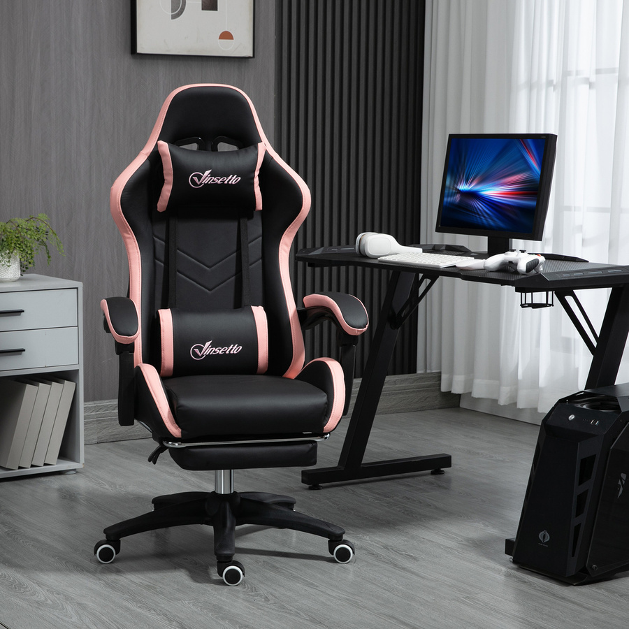 Vinsetto Gaming Stuhl von Aosom als ergonomischer Bürostuhl und Computerstuhl mit Kopfstütze, Lendenkissen und Fußstütze, höhenverstellbar, Kunstleder, Schwarz-Rosa - Bild 2