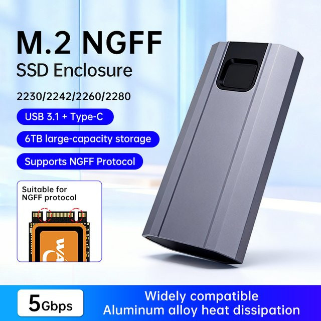 WALRAM M.2 NGFF SSD-Gehäuse aus Aluminiumlegierung in Grau mit USB 3.1 Typ-C-Adapter für bis zu 6 TB SATA SSDs - Bild 1