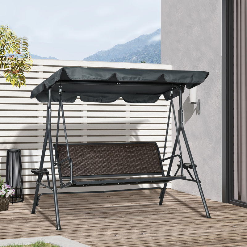 Aosom Outsunny Gartenschaukel 3-Sitzer mit neigbarem Dach, Getränkehaltern und Ablagen in Dunkelgrau und Braun aus PE-Geflecht und Stahlrahmen inklusive Sitzkissen - Bild 2