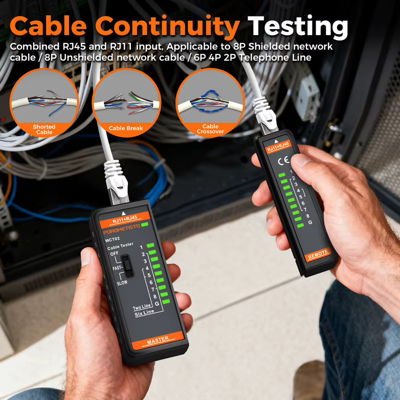 POROMETISTO MCT02 Kabeltester mit LED-Anzeige für RJ11 und RJ45, Dual-Use Netzwerkkabeltester für POE-Tests und Leitungskontinuität, Schwarz - Bild 4