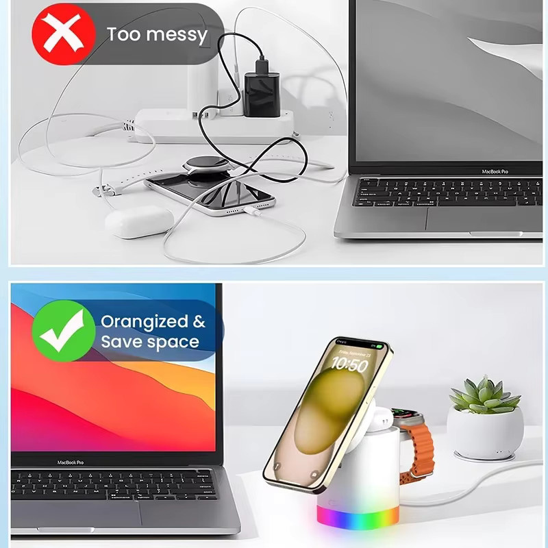 VIKEFON Faltbares kabelloses Ladegerät Travel Dock mit Lichtsteuerung für iPhone und Apple Watch sowie AirPods in Schwarz oder Weiß - Bild 5