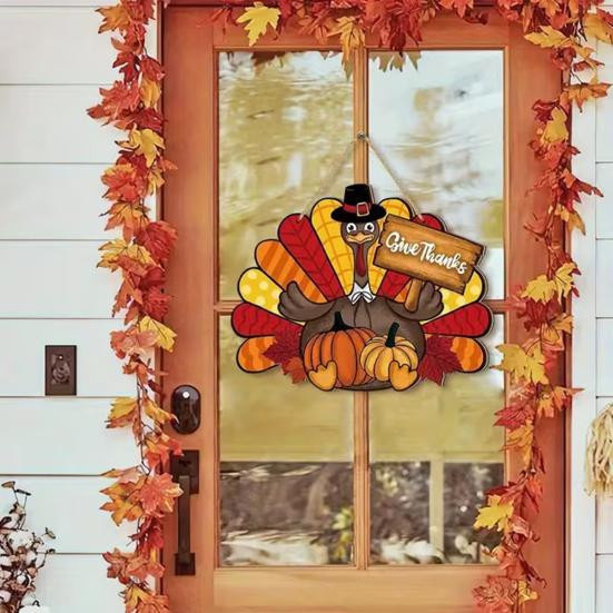 Aunel Thanksgiving Wandbehang aus Holz mit Truthahn, Kürbis und Ahornblättern in Mehrfarbig – Rustikale Farmhaus Herbst Ernte Dekoration - Bild 4