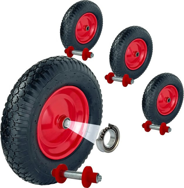 TRUTZHOLM 4er Set Schubkarrenrad mit Achse und Luftbereifung, Farbe Rot, Durchmesser: 390 mm, Breite: 95 mm - Bild 1