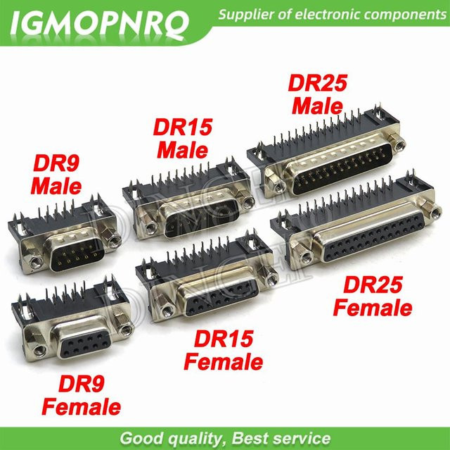 5er Set D-Sub Stecker Set DR9 DR15 DR25 DR37 mit Loch und Pin sowie rechtwinklig geschweißten Adaptern für RS232 serielle Ports in Silber - Bild 1