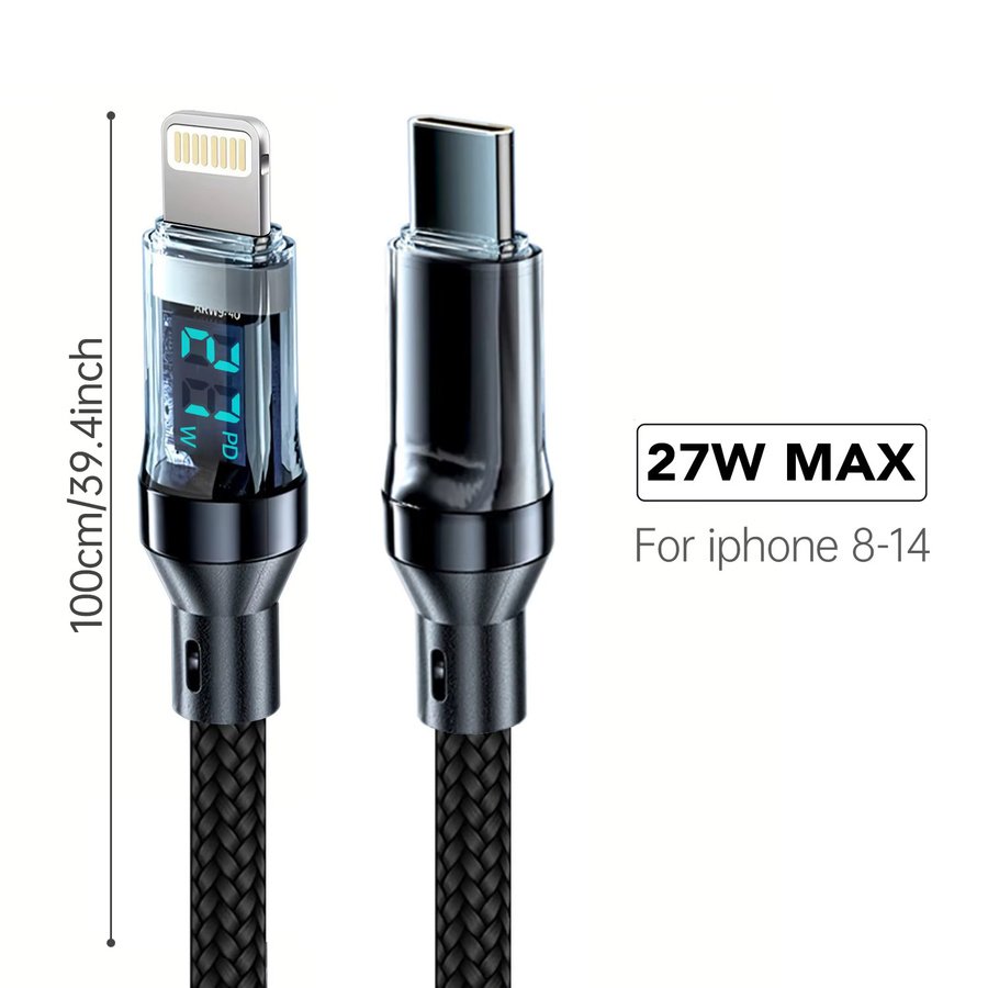 OOZCC PD 27W MAX Schnellladekabel mit LCD-Anzeige und transparentem Gehäuse, USB-A auf Lightning für iPhone, Datenübertragung - Bild 2