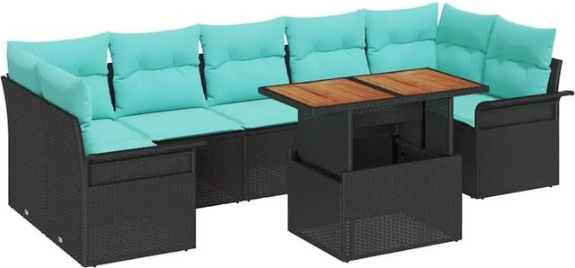 vidaXL Gartenmöbel-Set aus Poly-Rattan mit 8 Kissen in Schwarz und Blau, Ecksofa-Set mit Gartentisch für Terrasse und Balkon - Bild 1
