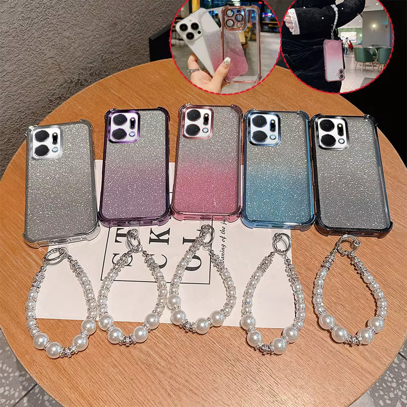 Luxuriöse TPU-Handyhülle mit Gradient Glitter und Perlenketten-Handschlaufen für Huawei Honor X7a Play 7T in Pink - Bild 2