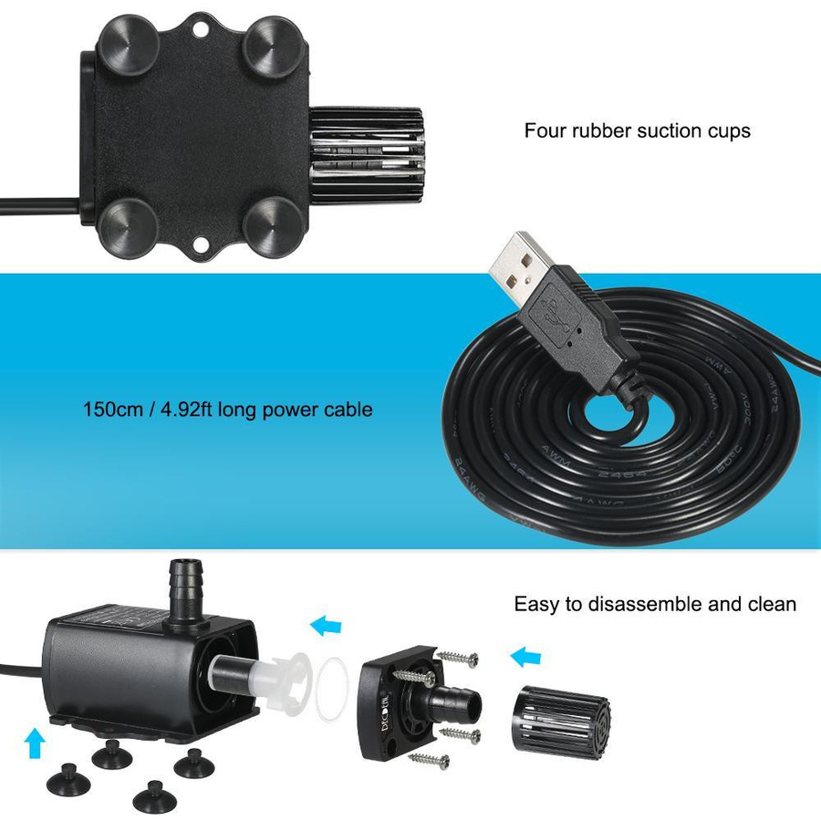 KaiSai Ultraleise Mini-Bürstenlos-Wasserpumpe mit USB DC5V, Wasserdicht und Tauchfähig für Aquarien und Springbrunnen, 4,8W, 300 l Förderhöhe - Bild 3