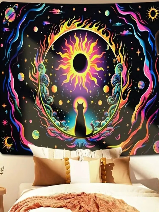 VIKAMA Cyber Cat Wandteppich mit Neon-Farbverlauf und kosmischem Nebel, schwarze Katze und Planeten-Motiv, Mehrfarbig, Breite: 60 cm, Höhe: 40 cm - Bild 3