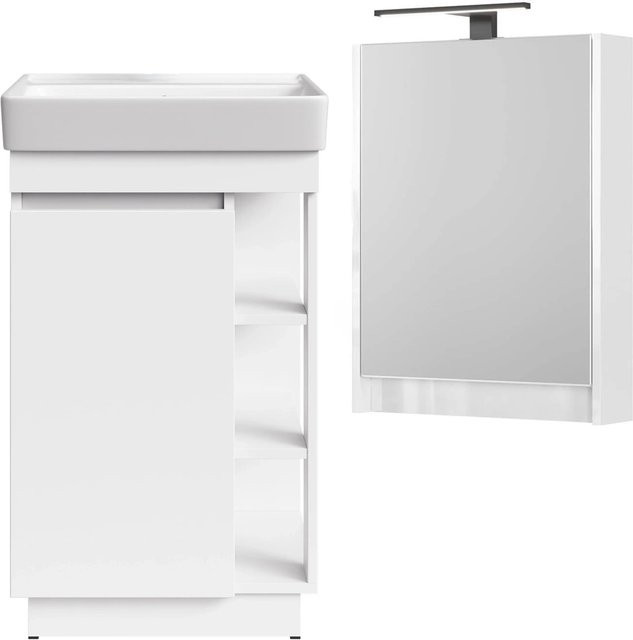 Planetmöbel Badmöbel Set NYX Matt Weiß mit Waschbecken und LED Spiegelschrank, B/T/H: 50,4 x 42,0 x 85,9 cm - Bild 1