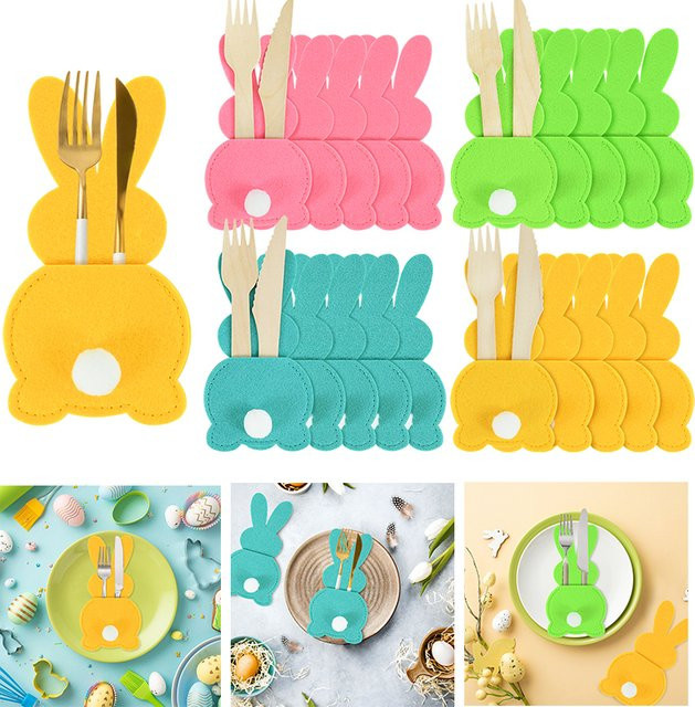 YONGSNOW Osterhase Bestecktaschen aus Vlies, 4er Set, Mehrfarbig, Geschirr Abdeckung für Ostern und Partys - Bild 1