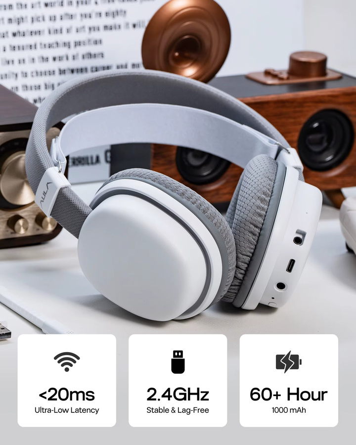 AULA G7 Gaming-Kopfhörer mit Bluetooth, 2,4 GHz und Kabel, abnehmbares Mikrofon mit Geräuschunterdrückung, RGB, 1000 mAh, Pink/Weiß, für PS4/PS5, PC und Nintendo Switch - Bild 5