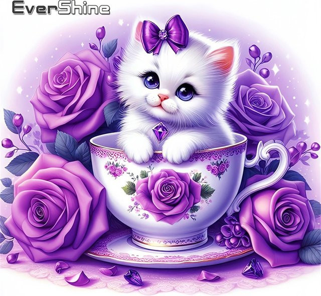 Evershine Diamantmalerei DIY Set mit Katzen-Motiv und Teetasse in Multicolor als Mosaik-Stickerei mit Strass-Steinen - Bild 1