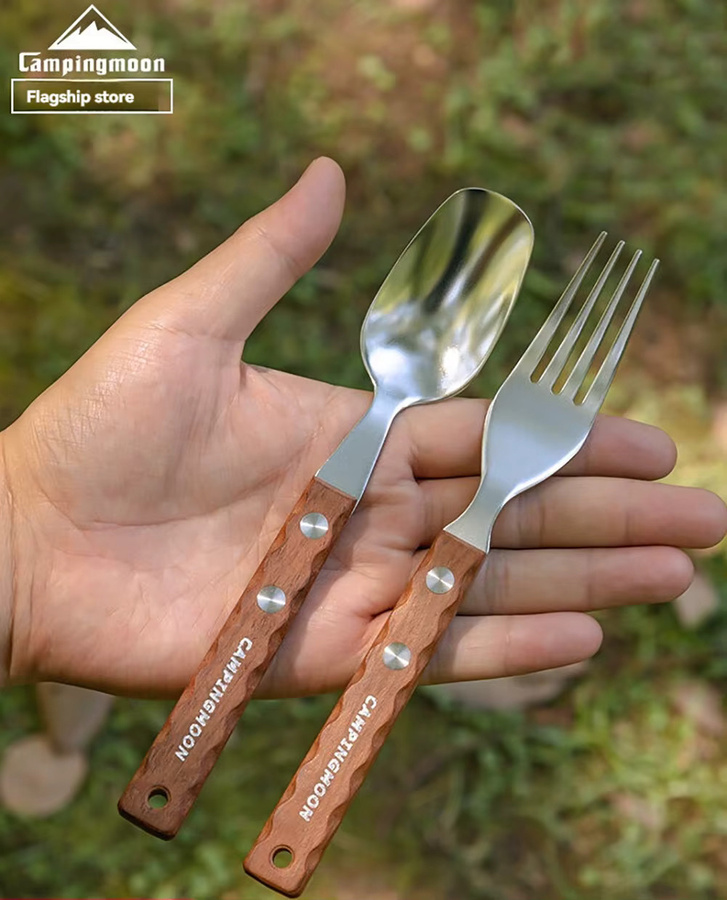 CAMPINGMOON Picknickbesteck Set aus Edelstahl und Holz in Silber und Braun, tragbares Outdoor-Camping-Mehrzweckbesteck mit Gabel und Löffel - Bild 2