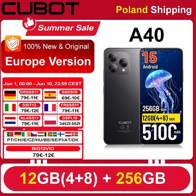 Cubot A40 Smartphone in Schwarz mit Android 15, 256 GB Speicher, 12 GB RAM, 6,88 Zoll 120Hz Display, 5100mAh Akku, NFC und 4G LTE - Bild 1