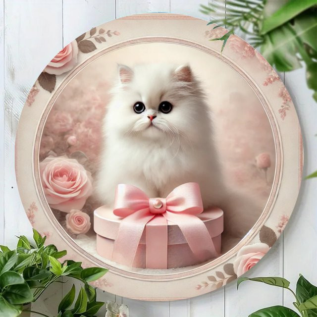 Potdemiel Runde Aluminium-Wandkunst mit weißer persischer Katze und Blumen in Rosa, Durchmesser: 19,81 cm - Bild 1