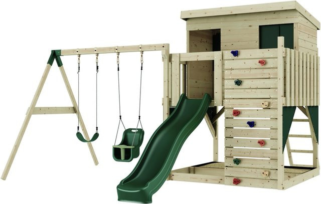 PolarPlay Spielturm Nils aus Holz mit Rutsche und Babyschaukel, Dunkelgrün - Bild 1