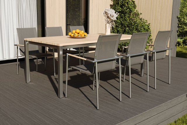 OUTFLEXX Garten-Essgruppe mit 6 Sesseln aus Edelstahl und Teakholz in Silber und Anthrazit - Bild 1