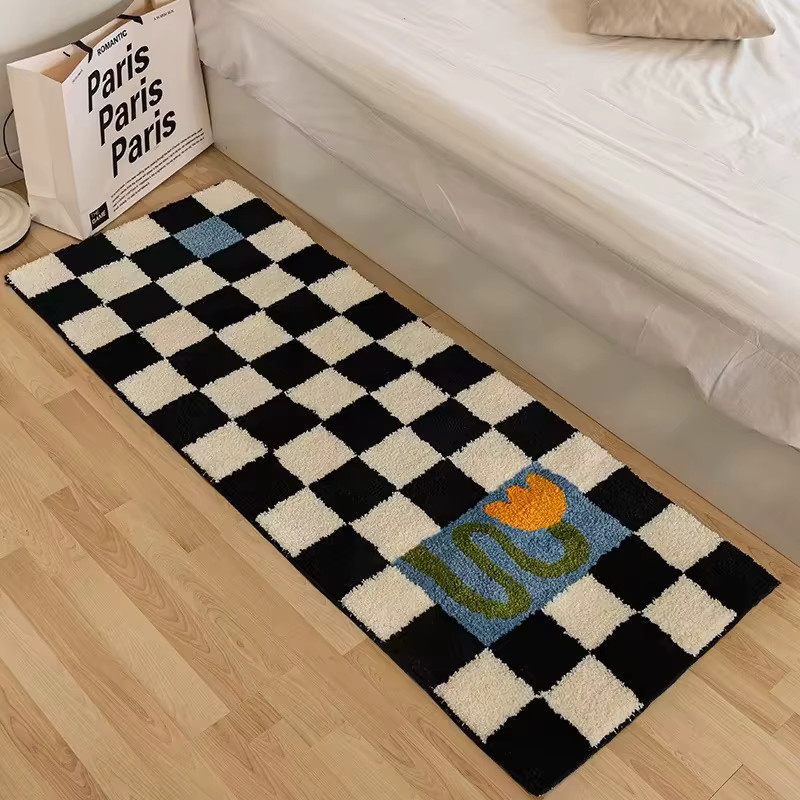 VIKAMA Schachbrett Teppich in Schwarz-Weiß im Vintage-Design, schmutzabweisend, für Wohnzimmer und Schlafzimmer - Bild 2