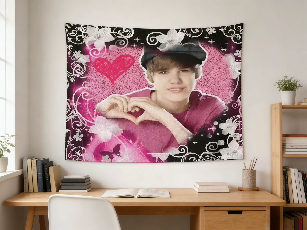 ZLIENSZUS Wandteppich Justin Bieber mit rosa Herz- und Stern-Design, Textil-Wandbehang für Schlafzimmer und Schlafsaal, Breite: 60 cm, Höhe: 40 cm - Bild 3