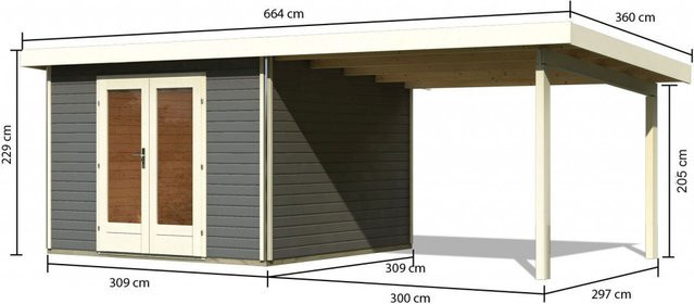 Gartenhaus aus Holz RADEBURG 1 in Terragrau inklusive 330 m Anbaudach, B/T: 309 x 309 m - Bild 1