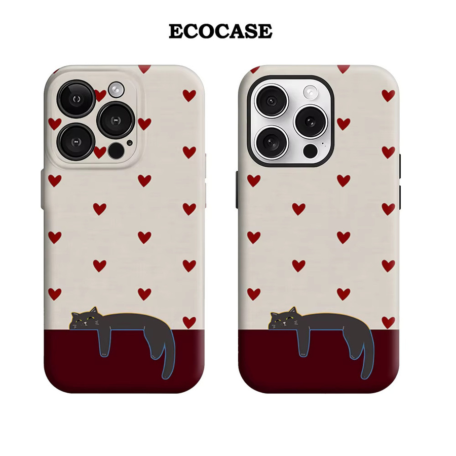 Potdemiel Magnetische Handyhülle mit Rotes Herz und Schwarze Katze für iPhone 17 16 15 14 13 Pro Max Plus, Robuste Ein- und Doppelschicht-Schutzhülle, Rot/Schwarz/Mehrfarbig - Bild 2