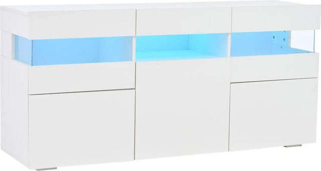 okwish Sideboard mit LED-Beleuchtung in Weiß, Hochglanz-Design mit 3 Türen für dein Wohnzimmer, B/T/H: 140 x 40,5 x 66,5 cm - Bild 1
