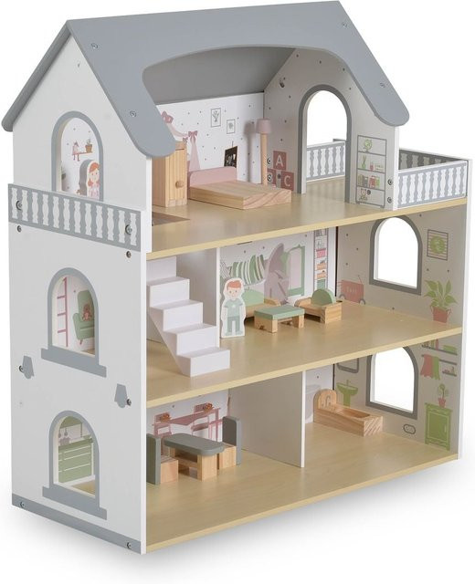 Moni Puppenhaus Ema aus Holz mit 3 Etagen, Balkon, Puppenfiguren und 11-teiligem Möbelset in Weiß - Bild 1