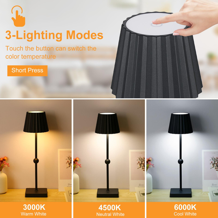 TOMTOP JMS Schreibtischlampe Schwarz, dimmbare und höhenverstellbare Nachttischlampe mit Touch-Funktion, wiederaufladbare Augenpflege-Leuchte für Schlafzimmer und Home-Office - Bild 7