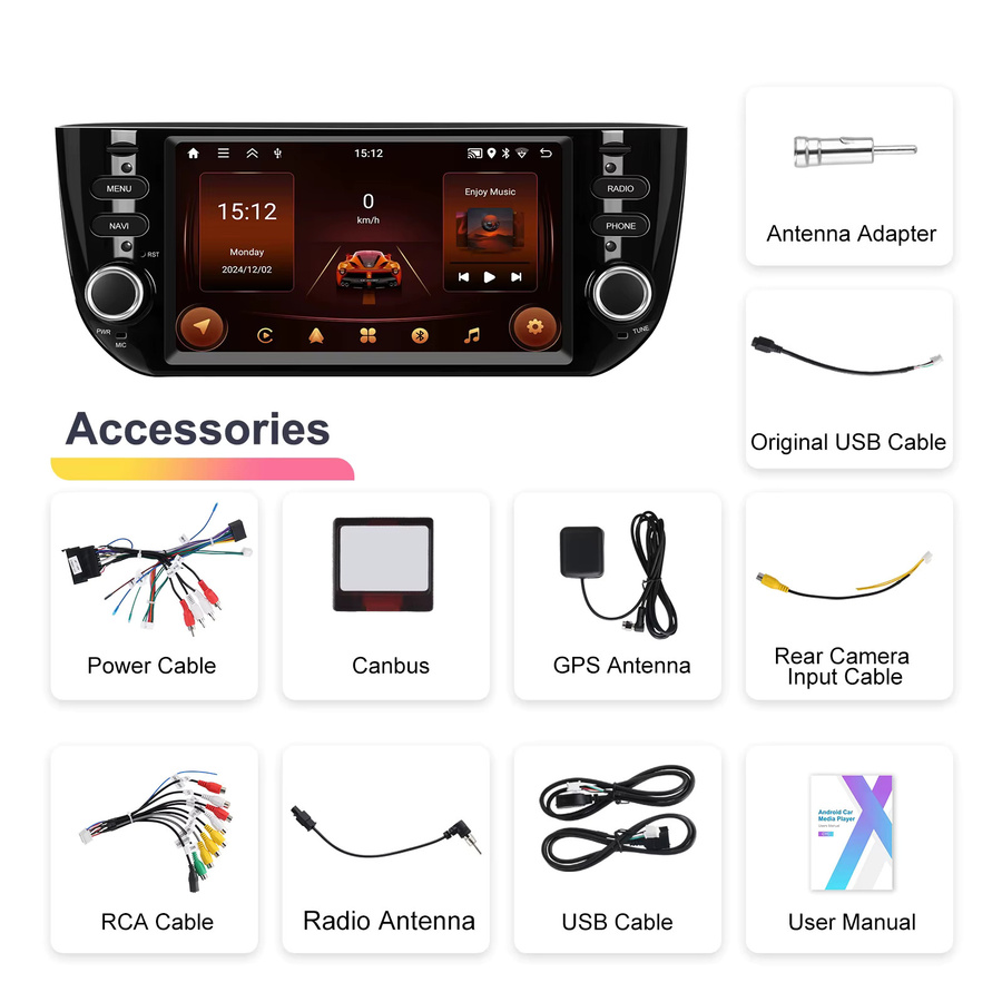 Podofo Wireless Carplay und Android Auto Multimedia Radio mit WIFI und GPS in Schwarz für Fiat Punto 10-16 und Linea 12-15 - Bild 4