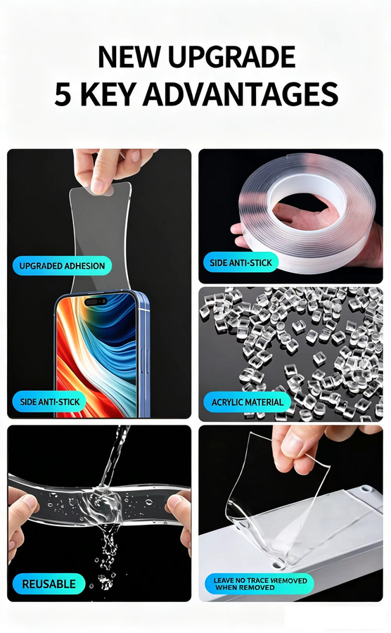 YX Hochleistungs-Nano-Doppelseitiges Gel-Klebeband, Transparent, Wasserfest und Rückstandsfrei, Schneidbar und Waschbar - Bild 5