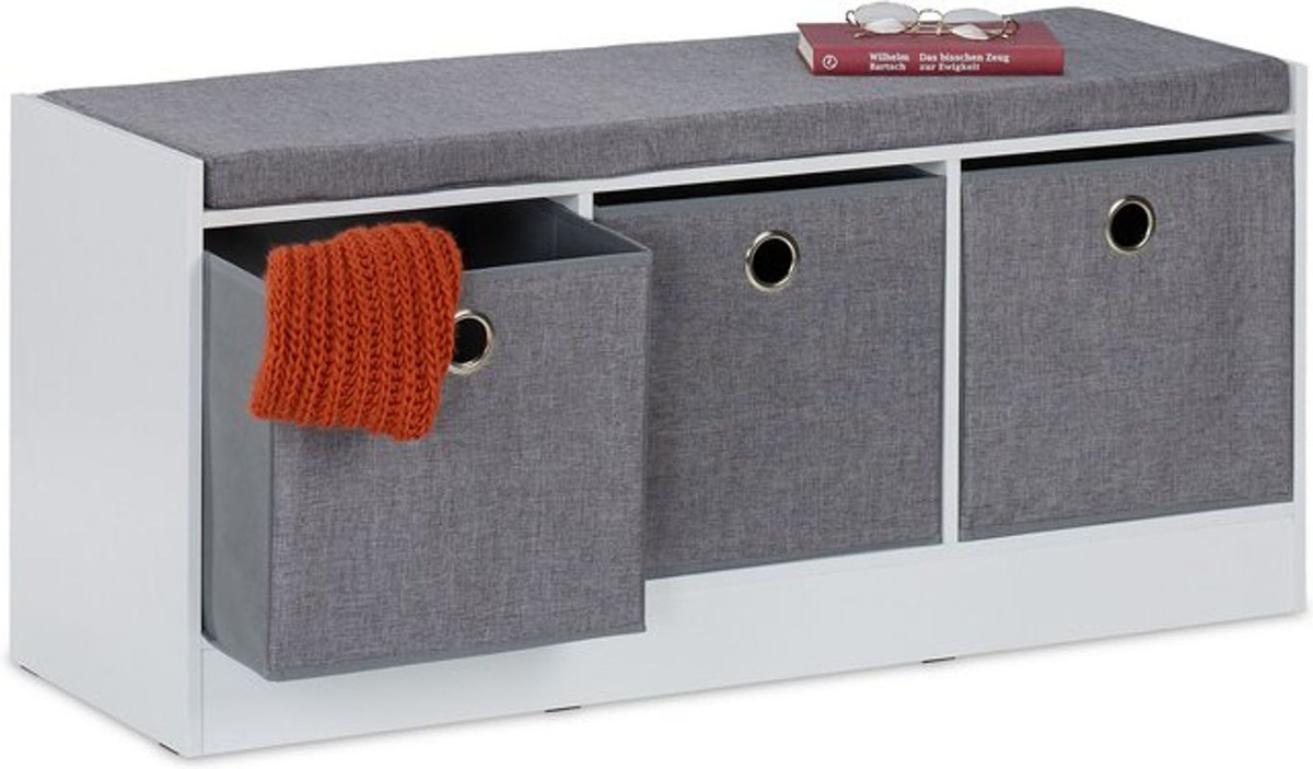 Relaxdays Polsterbank mit 3 Stoff-Schubladen in Weiß/Grau, H x B x T: 46 x 102 x 32 cm - Bild 1