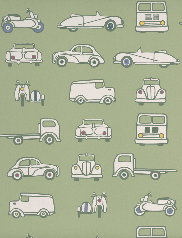 Little Greene Tapete Road Trip in Pea Green mit Tiermotiven für das Kinderzimmer - Bild 1