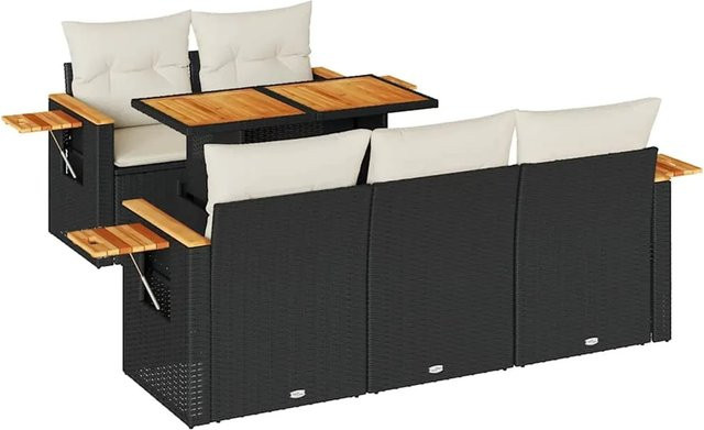 vidaXL 6-teilige Garten-Sofagarnitur aus Poly-Rattan und Akazienholz in Schwarz-Creme mit Kissen - Bild 1